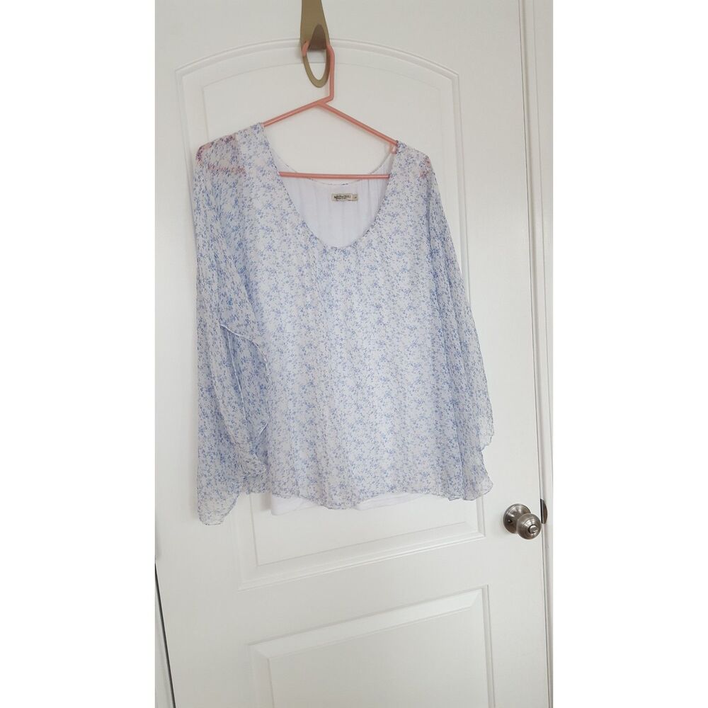MARINA GIGLI Cream Blue‎ Floral Print Silk Lace Short Sleeve Top Size Large
